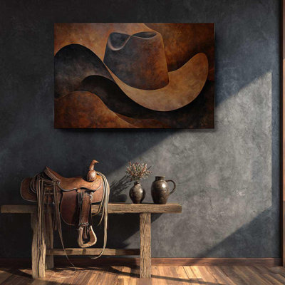 Toile de chapeau de cowboy abstrait, art mural occidental - impression de style cuir brun rustique, décor de maison de campagne moderne pour le salon