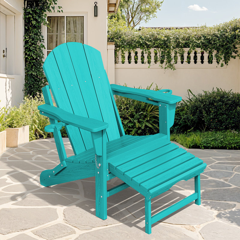 Outdoor HDPE Folding and Rocking Adirondack Chair With Double Cup Holder and Ottoam , Peacock Blue