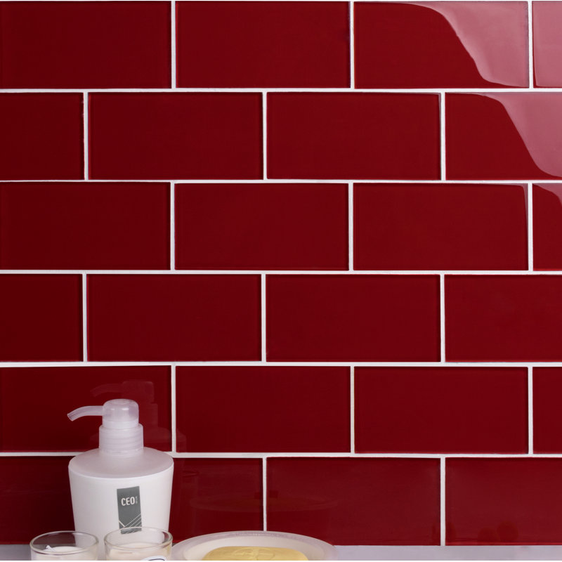 Premium 3" x 6" Straight Edge Glass Mosaic Subway Tile, American Red