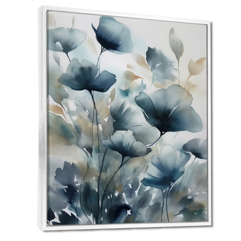 "Blue Leaf Foliage And Flowers III", reproduction d'art sur toile, H 32 po x l 24 po, Cadre flottant blanc
