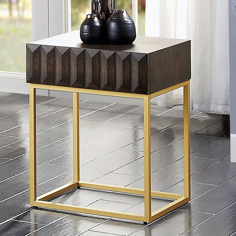 Table d'appoint de style contemporain avec structure en métal, tiroirs dissimulés et pieds en acier doré pour un rangement et une présentation élégants