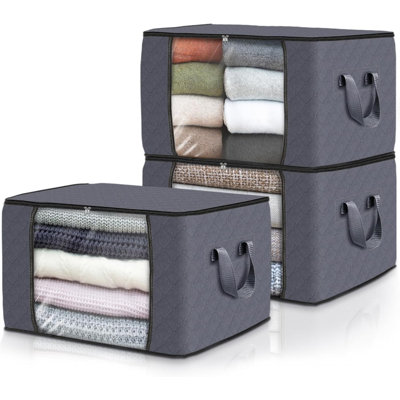 Ensemble de 3 rangements pour vêtements, sacs de rangement pour couvertures pliables, contenants de rangement pour l'organisation de la chambre à coucher, placard, vêtements, édredon, rangement et rangement avec couvercles et poignées, gris