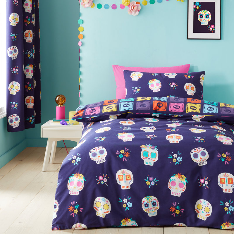 Sugar Skull Fiesta Reversible Duvet Cover Set, Single Duvet Cover + 1 Standard Pillowcase
