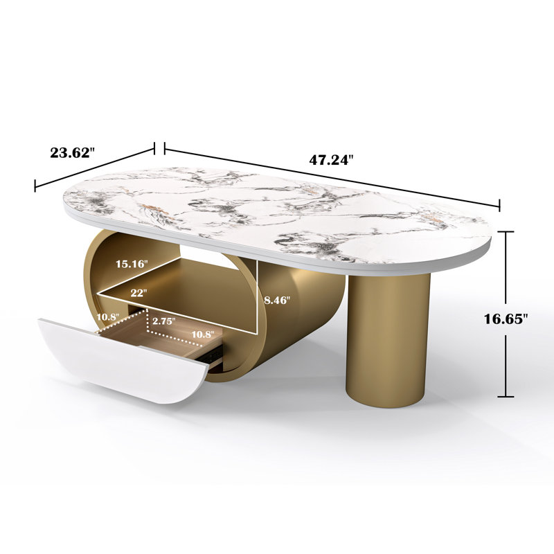 Solid Coffee Table with Storage, White/Gold