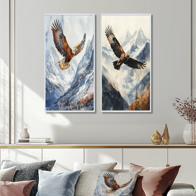 Aigle brun volant au-dessus de montagnes I - animaux, art mural 2 pièces, H 28 po x l 25 po, Cadre flottant blanc