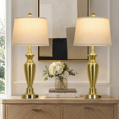 Pair of 30" Gold Metal Touch Table Lamps with 3-Way Dimming, USB-A and USB-C Ports, AC Outlets and 2 Included LED Bulbs for Bedrooms and Living Rooms