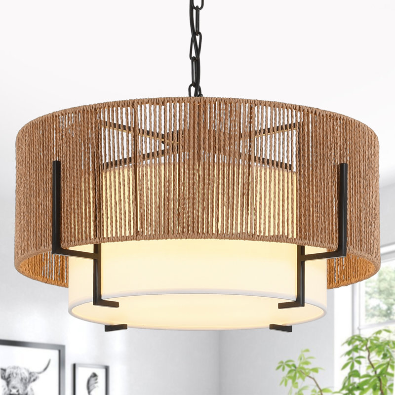 4-Light 20" Boho Rattan Drum Chandelier, Farmhouse Hand Woven Rattan Hanging Ceiling Light Fixture