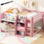 Lit mezzanine double pleine grandeur, rose, avec bureau intégré, armoires de rangement, bibliothèque, tableau blanc pour griffonner, assemblage facile et lit rose spacieux à trois compartiments, tablettes ouvertes, espace disponible-130522900