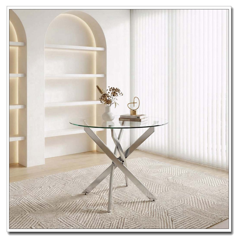 35.5 Inch Round Tempered Glass Dining Table with Silver Legs