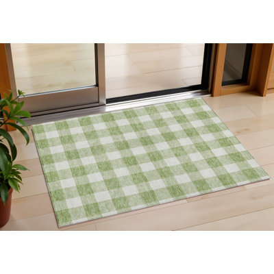 3' X 5' Artichoke Green And Gray Plaid Washable Indoor Outdoor Area Rug