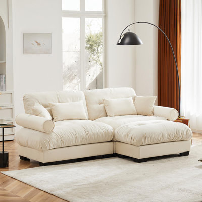 Canapé deux places surdimensionné moderne avec repose-pieds, fauteuil 2 places en velours avec accoudoirs à traversin rond, avec coussin de taille et coussins décoratifs, petit canapé en forme de L pour le salon, la salle de lecture, le loft et la chambre à coucher