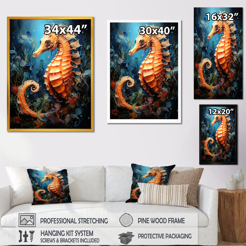 Hippocampe orange et bleu Symphony 2, Cadre photo blanc, H 40 po x l 30 po x P 1,5 po