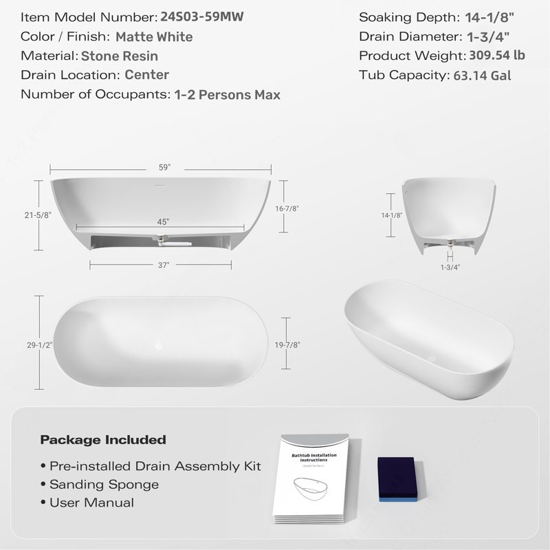 Baignoire autoportante de 59 po à surface solide, baignoire autoportante en résine d'ingénierie de luxe avec trop-plein et bonde escamotable pour salle de bain contemporaine, blanc mat