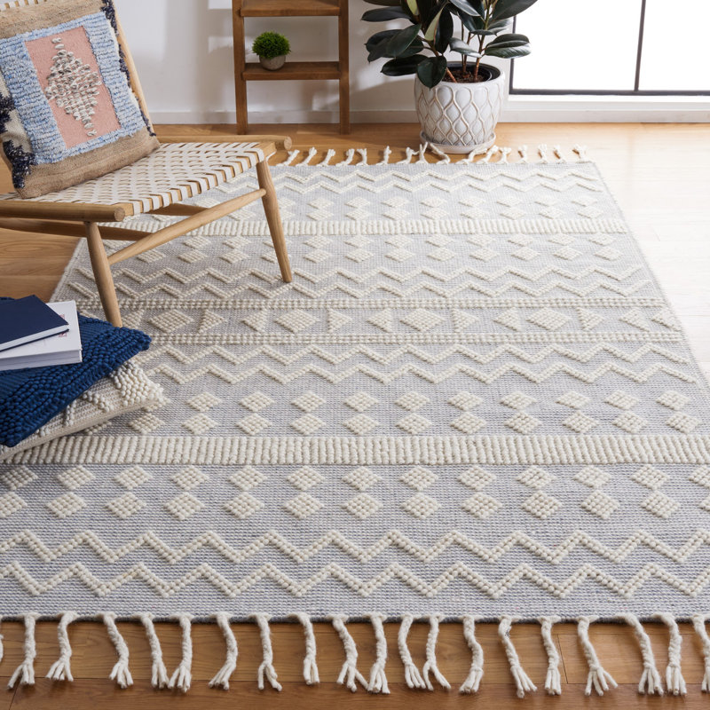 Tapis en laine / coton tissé à la main Sucher en ivoire / bleu clair, Rectangle 5 pi x 8 pi