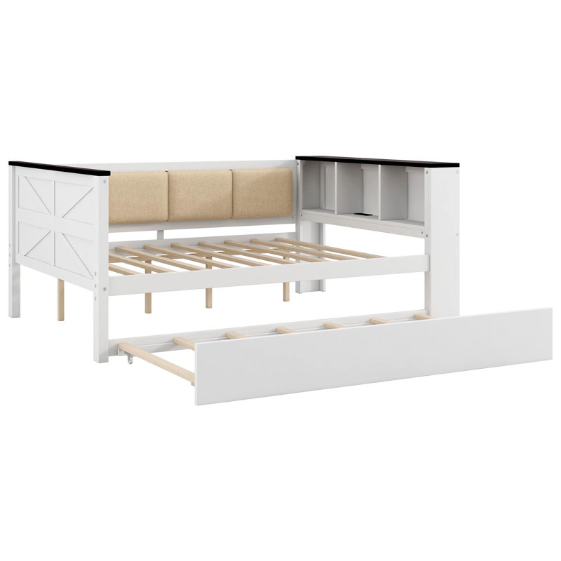 Lit de jour pleine grandeur en bois avec tablettes de rangement, dossier rembourré, USB et lit gigogne, blanc, Complet/Double