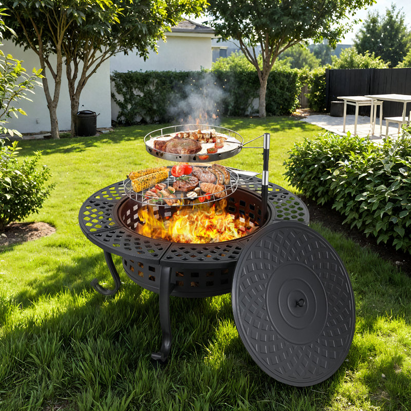 37 Inch Outdoor Fire Pit, 3 in 1 Large Wood Burning Fire Pit, Metal Round Fire Pit Table with Spark Screen Lid, Charcoal Grate & Fire Poker, Heavy Duty Steel Firepit for Patio Backyard Garden BBQ Camping Bonfire