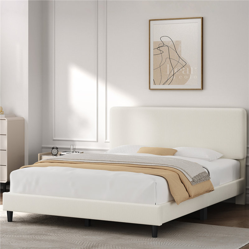 Structure de lit rembourrée avec tête de lit réglable, Double, Beige