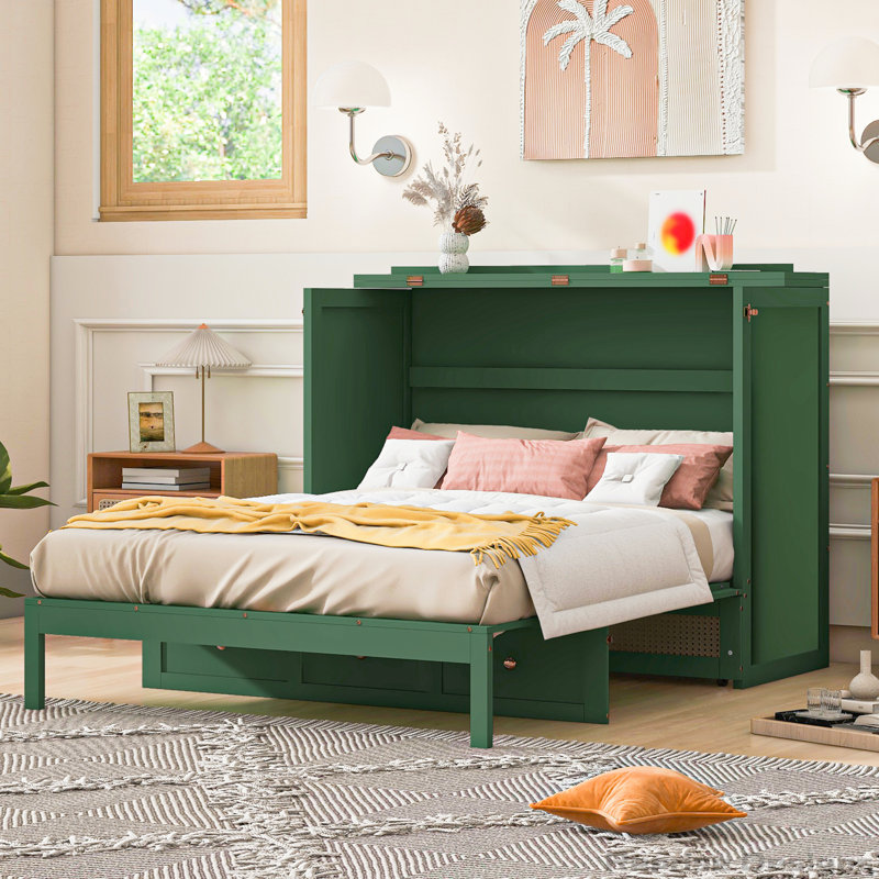 Lit escamotable avec grands tiroirs, style classique, rotin et rangement., Vert