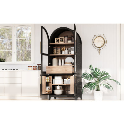 Tall 71" Arched Pantry For Kitchen, With 4 - Door Internal Storage, Adjustable Shelves, Hidden Drawer And Tip Kit, Black Color Kitchen Storage