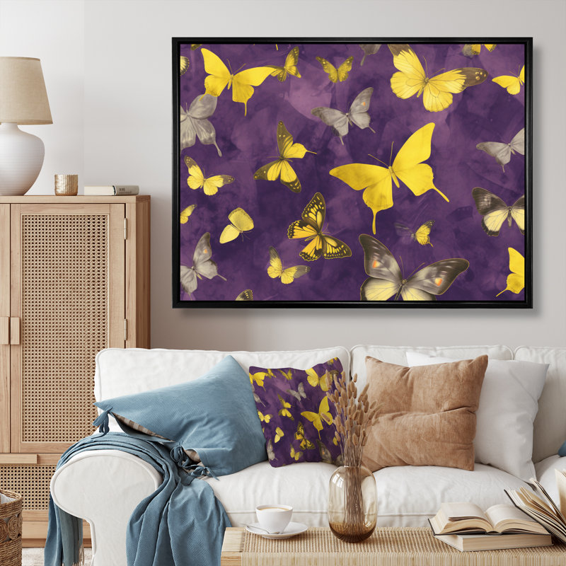 Papillon jaune et mauve, Cadre flottant noir, H 24 po x l 32 po x P 1 po