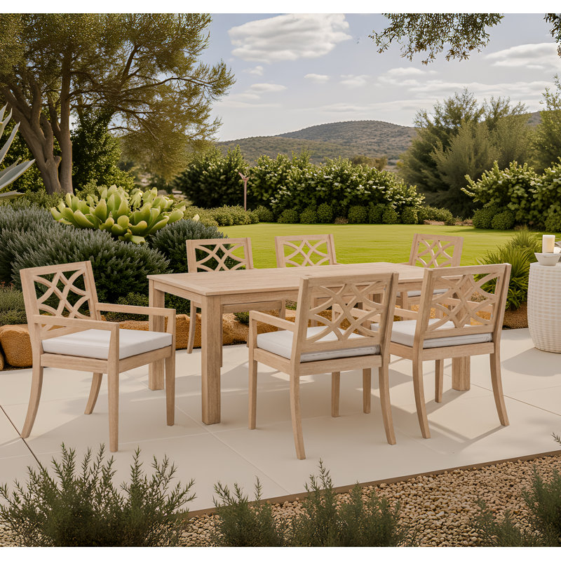 Ensemble repas d'extérieur en eucalyptus 6 personnes Morell, Coussin crème / structure brun clair