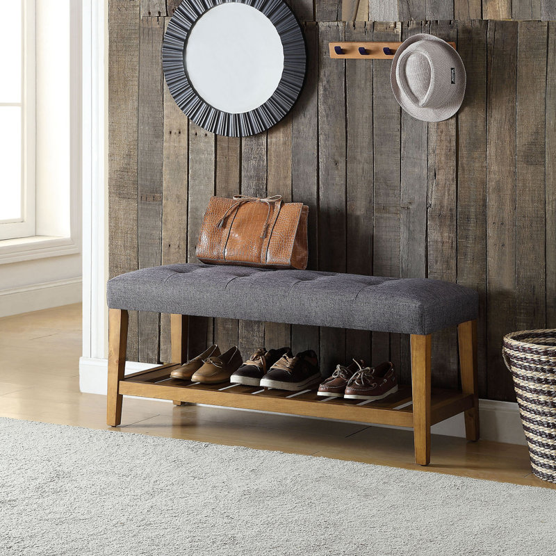 Banc de rangement rembourré en bois avec tablette à lattes Warwickshire, Brun, Gris / brun