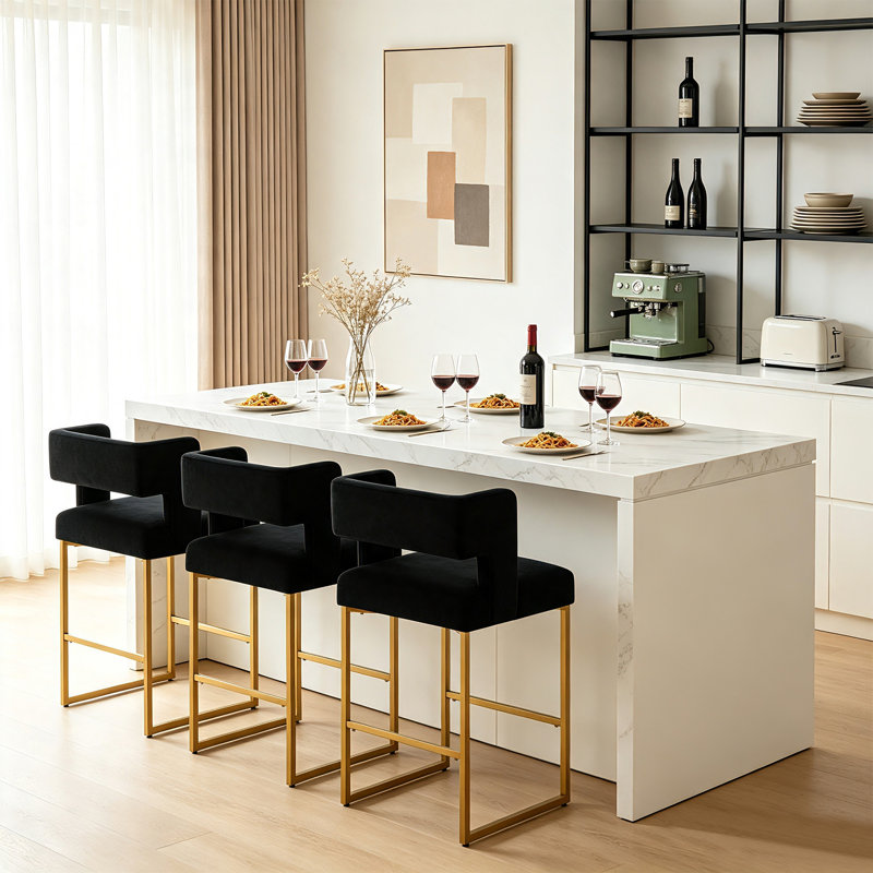 Ensemble de 2 tabourets de bar de 26 pouces de haut, dossier carré orné de velours, avec structure en métal doré, capacité robuste de 300 livres.
