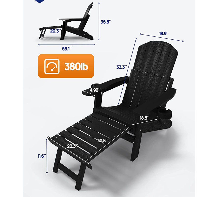Ayron Foldable Outdoor Adirondack Chair With Ottoman, Black