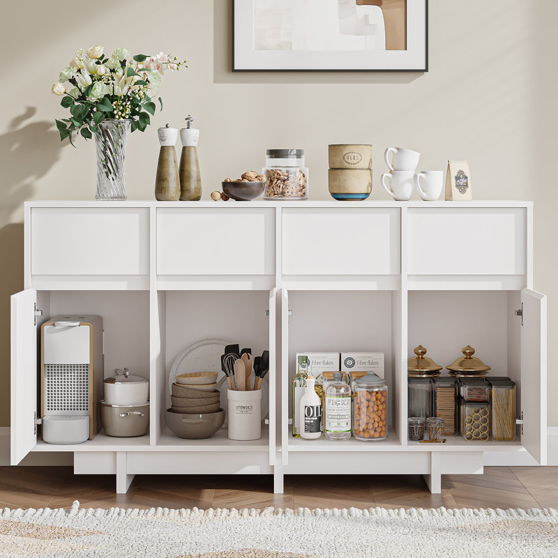 55.1” W Sideboard With 4 Cabinets, Buffet Cabinet With 4 Drawers, Large Storage Space(Set Of 2), White