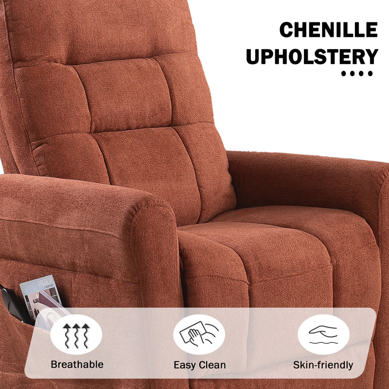 33.5"W Ergonomic Power Lift Recliner Chair With Side Pocket, Orange