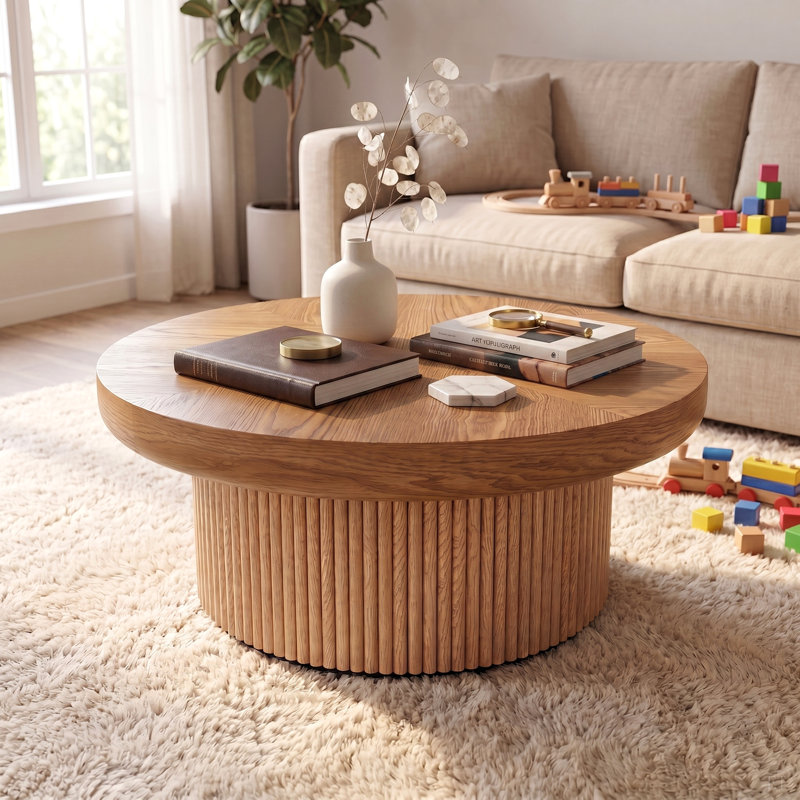 Table basse 33,5 po ronde cannelée avec plateau en bois véritable et base cylindrique, plateau de table épaissi, table basse Mid-Century moderne pour salon, petit espace
