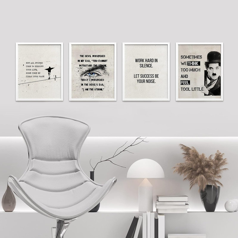 Charlie Chaplin noir et blanc 4 pièces, H 14 po x l 11 po x P 1 po, Cadre blanc