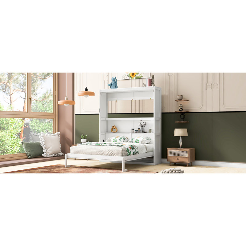 Grand lit escamotable mural avec tablettes, blanc