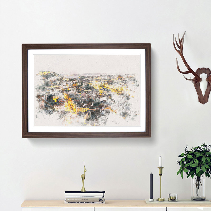 Lisbon Portugal Watercolour - Picture Frame Graphic Art Print, 24cm H x 33cm W x 2cm D, Walnut Framed