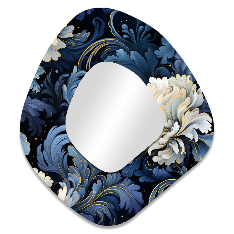 Astral Blue White Damask Radiance - Damask Unique Shape Large Wall Mirror, Blue Asymmetrical Decorative Mirror, Printed Metal Art