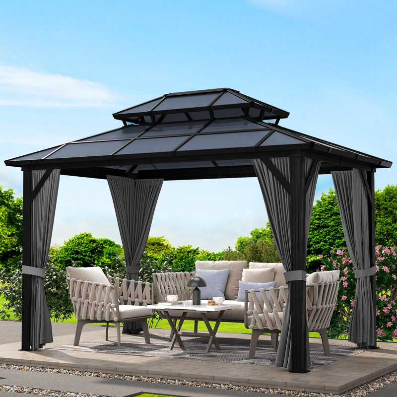 Hardtop Gazebo, With Curtains And Netting, 76.77"H x 153.54"W x 118.11"D, Coffee