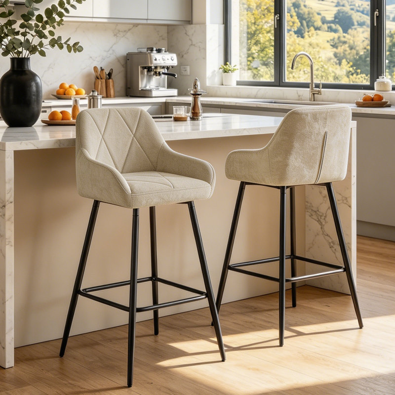 69cm High Suede Upholstered Bar Stool Diamond Tufted Back with Metal Frame Counter Stool , Beige