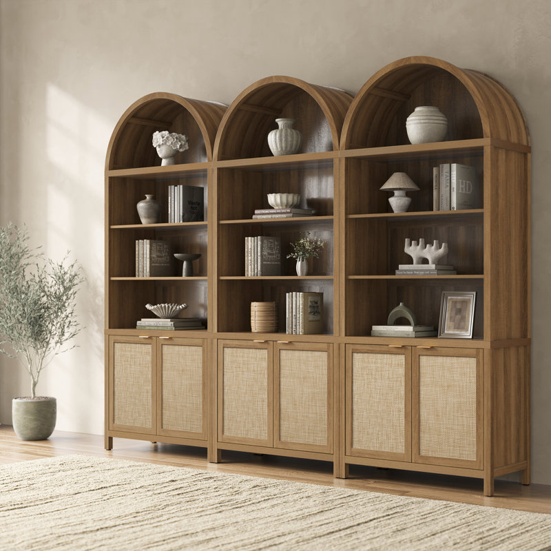 84.25''H Rattan Arched Bookcase With Adjustable Shelf, Caramel Oak