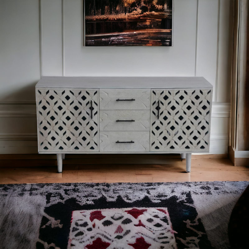 Emma Hand-Carved Lime Washed Mango Wood 3-Drawer Sideboard Cabinet – 60” Solid Wood Storage Chest with Carved Doors 
