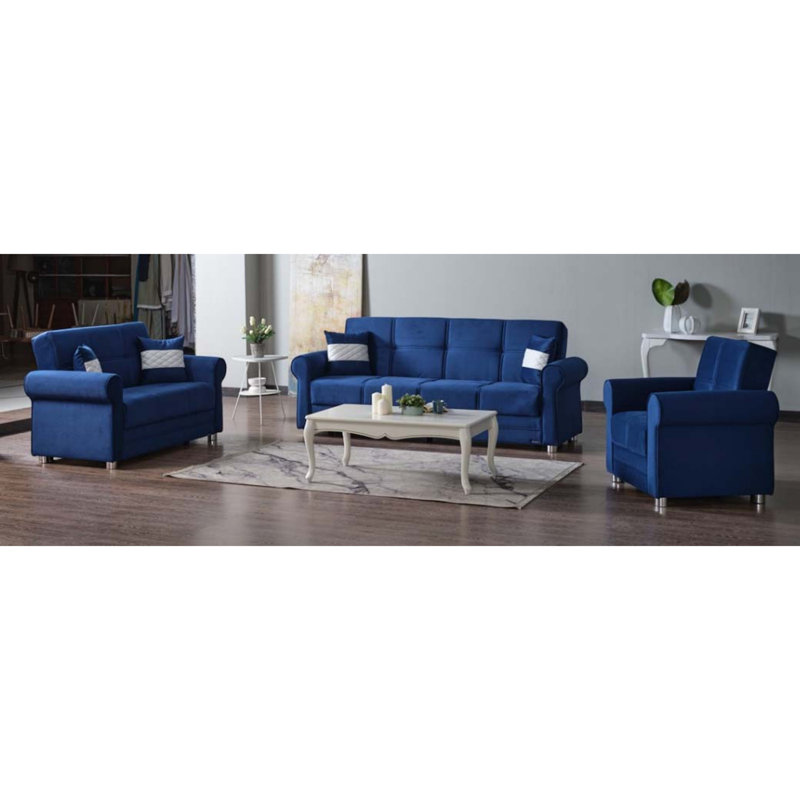 Sara Fabric Upholstered 3-in-1 Sleeper Sofa Bed with Storage, Blue Microfiber, 35.8"H x 63''W x 31.5''D