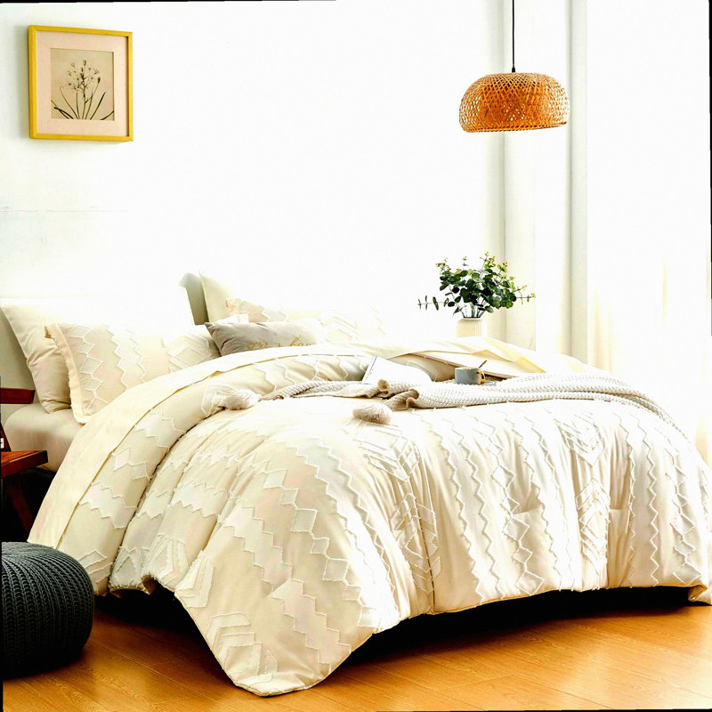 Boho Chic Geometric Queen Bedding Set - 7 Piece Comforter Bed in a Bag with Tufted Embroidery & Microfiber Sheets for All Seasons