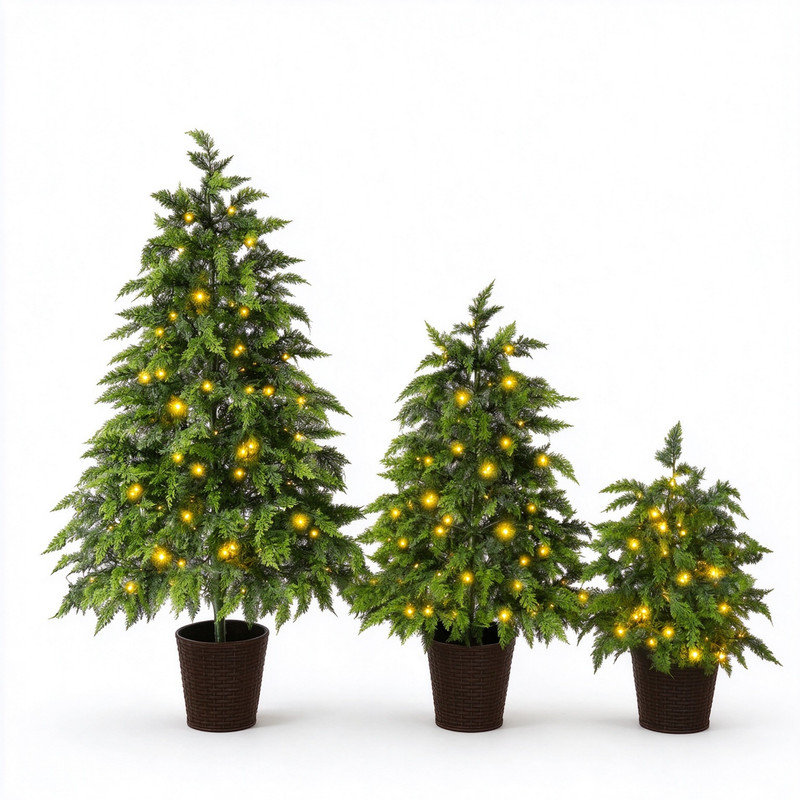 Ensemble de 3 sapins de Noël pré-illuminés de 60 cm, 90 cm et 120 cm avec lumières chaudes, pot robuste et branches retombantes pour une décoration de Noël à plusieurs niveaux