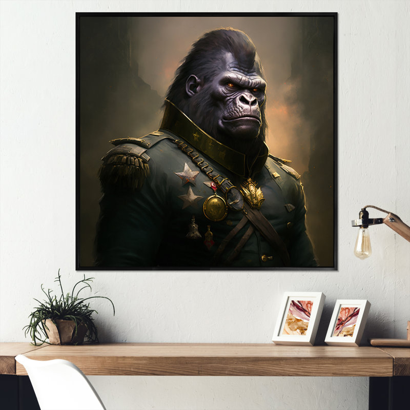 Portrait d'un gorille en uniforme militaire - reproduction sur toile flottante, L 24 po x H 24 po, Noir