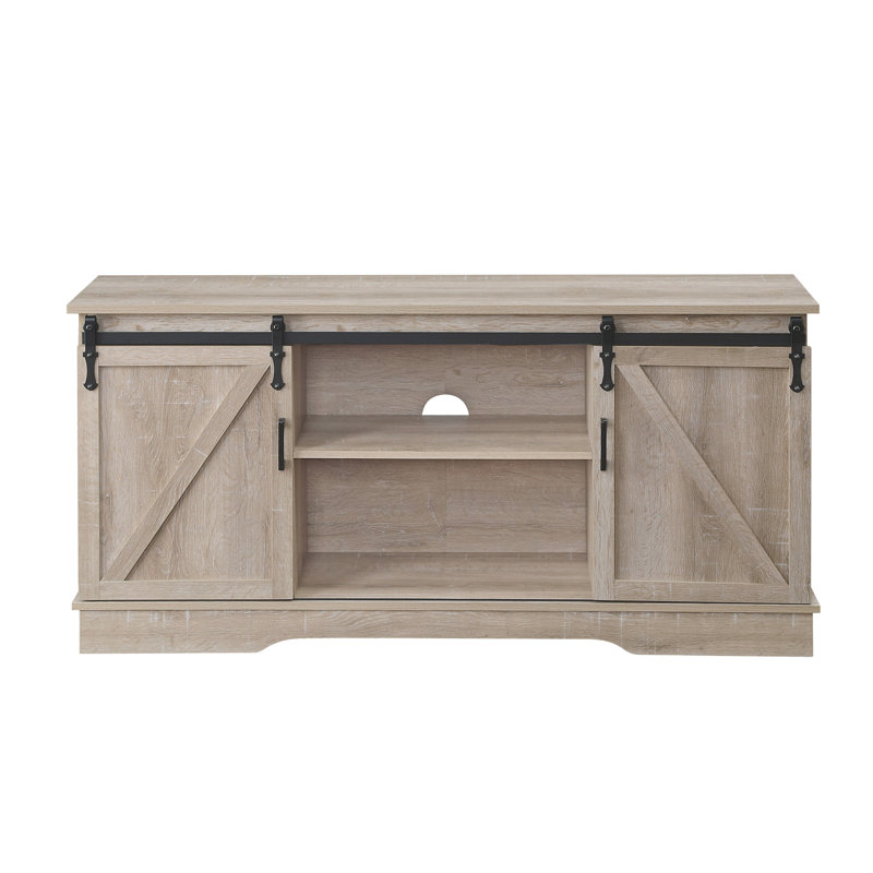 Meuble télé en bois synthétique avec 2 portes de grange coulissantes et écran de 65 po de hauteur maximum en chêne 28 po