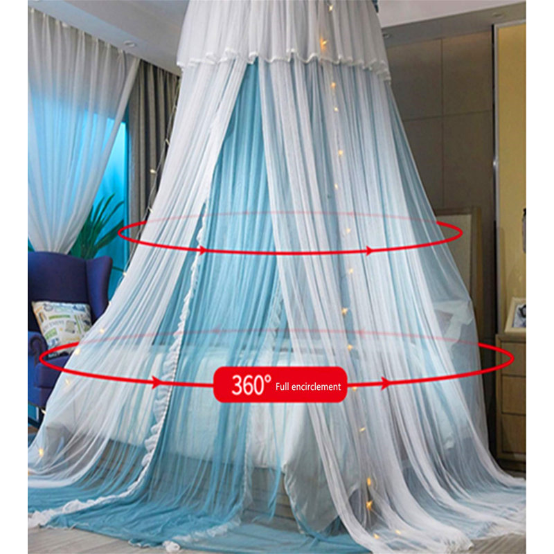 Blue and White Double Layer Princess Bed Canopy with LED Lights
