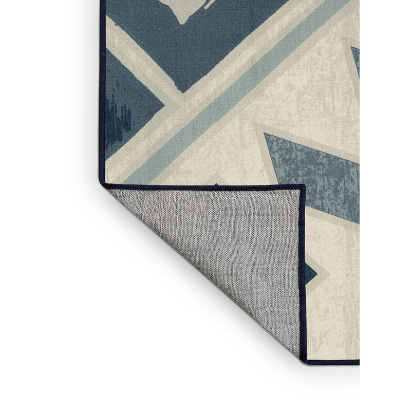 Machine Washable Penola Global Inspired Block Print Rug in Beige – Navy Binding, 4' Square