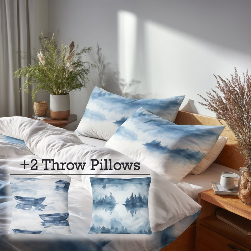 Ensemble de housse de couette et coussin décoratif Coastal Literie de 5 - Abstract Rustic Lake Mist
