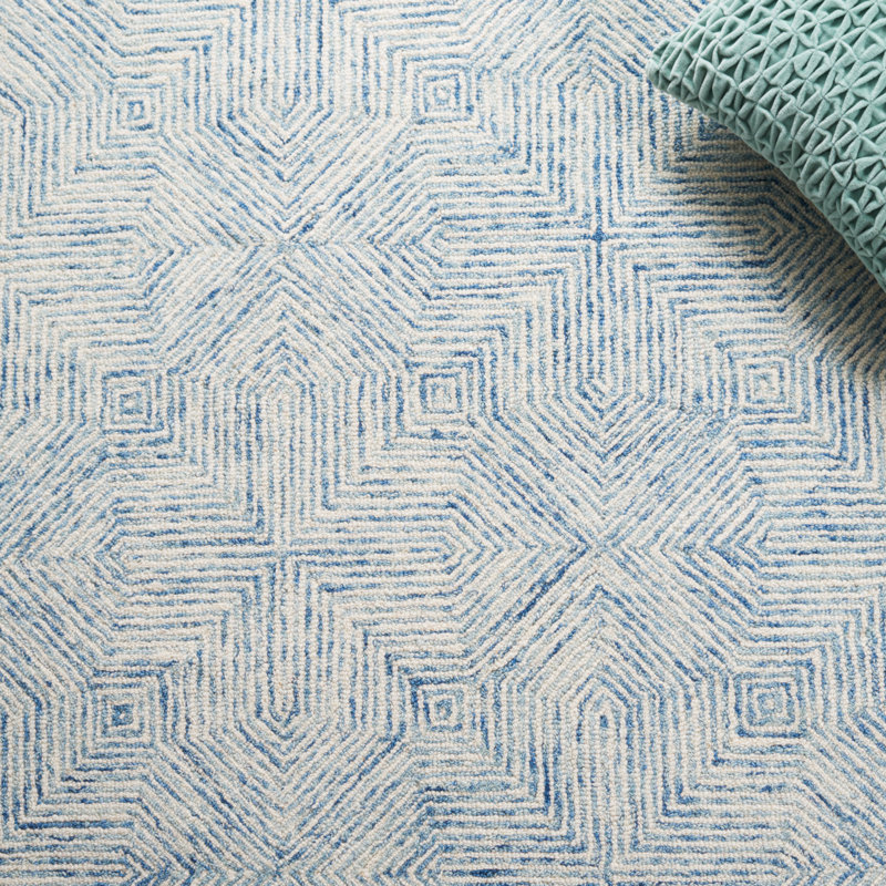 Jaykon Hand Tufted Wool/Cotton Geometric Rug in Blue/Ivory, Rectangle 6' x 9'