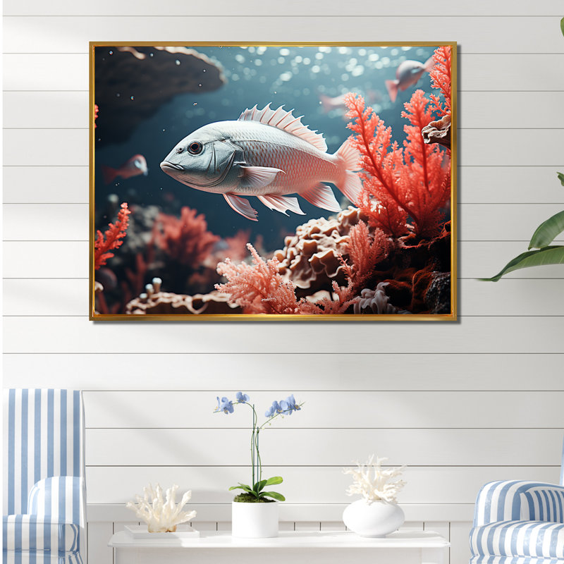 Monochromes coraux et poissons gris dansant sur toile, Cadre flottant doré, H 34 po x l 44 po x P 1,5 po