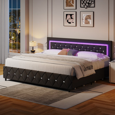 Alber Upholstered Platform Bed Frame with LED Lights & Storage Drawers - Diamond Tufted Headboard & Footboard, Modern Bedroom Furniture
